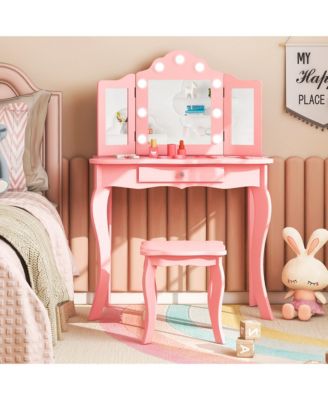 Kid Vanity Table Stool Set Tri-Folding Mirror Adjustable 3-Color LED