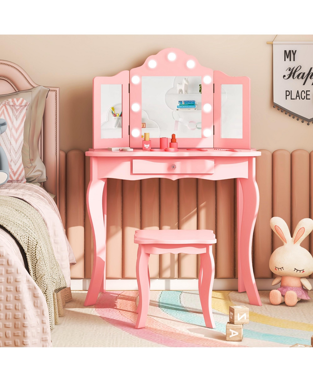 Costway Kid Vanity Table Stool Set Tri-Folding Mirror Adjustable 3-Color Led Light