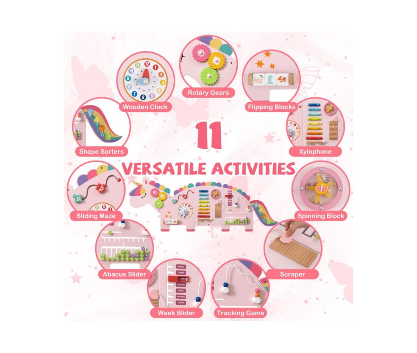 Детская игрушка HONGGE Kids Montessori Sensory Busy Board with 11 Learning Activities, цвет: Розовый — фото 8