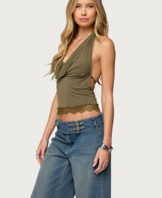 Women's Layered Lacey Cowl Neck Halter Top