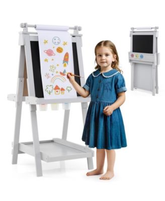 Adjustable Wooden Kids Art Easel With Chalkboard Whiteboard And Paper Roll