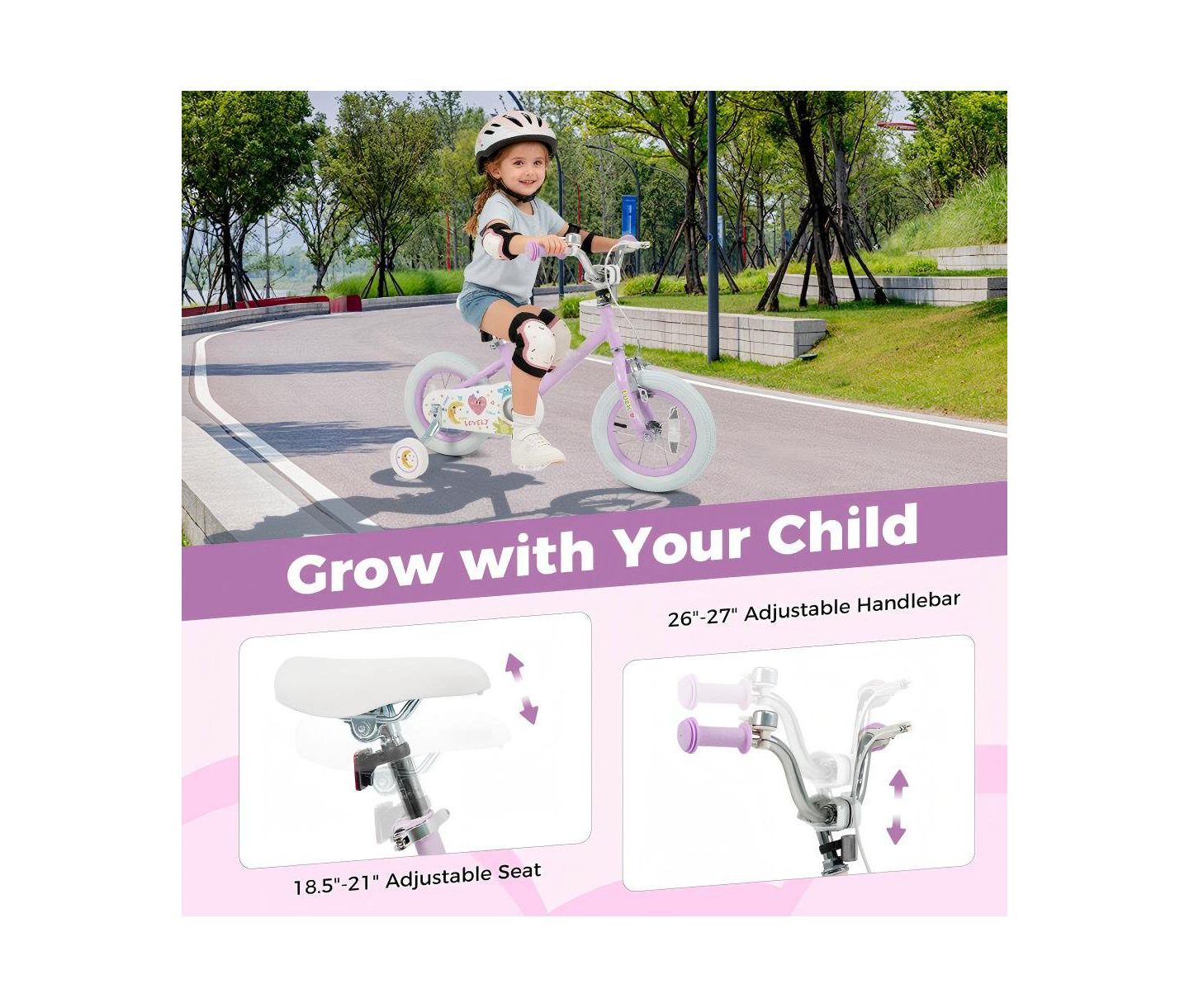 Детская игрушка HONGGE Adjustable Training Bike with Dual Brake and Training Wheels, Ages 3-10, цвет: Фиолетовый — фото 7