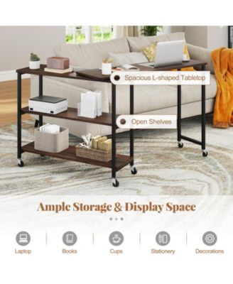 360° Rotation Mobile Laptop Table with 2-Tier Storage Shelves & 6 Universal Wheels