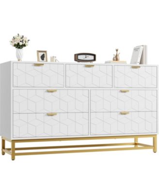 Modern 7 Drawer Dresser, Wide Chest with Gold Metal Legs & Handles, Wood Storage Organizer for Bedroom, Living Room, Hallway