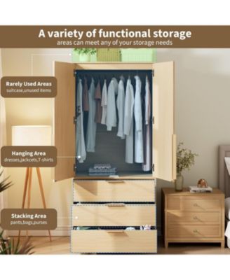 Armoire Wardrobe Closet with 3 Drawers and 2 Doors, Modern Tall Wooden Wardrobe Cabinet for Hanging Clothes, Bedroom Storage Organizer
