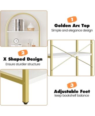 Arched 5-Tier Bookshelf, Modern Bookcase with Gold Metal Frame, Tall Wood Storage Shelf for Living Room, Bedroom, Home Office, Easy Assembly