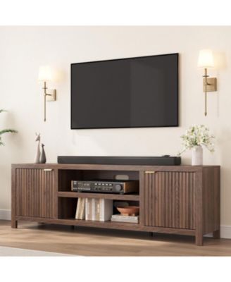 Fluted TV Stand for 80 Inch TV, Modern Entertainment Center with Storage, Media Console with Gold Handles & Fluted Doors