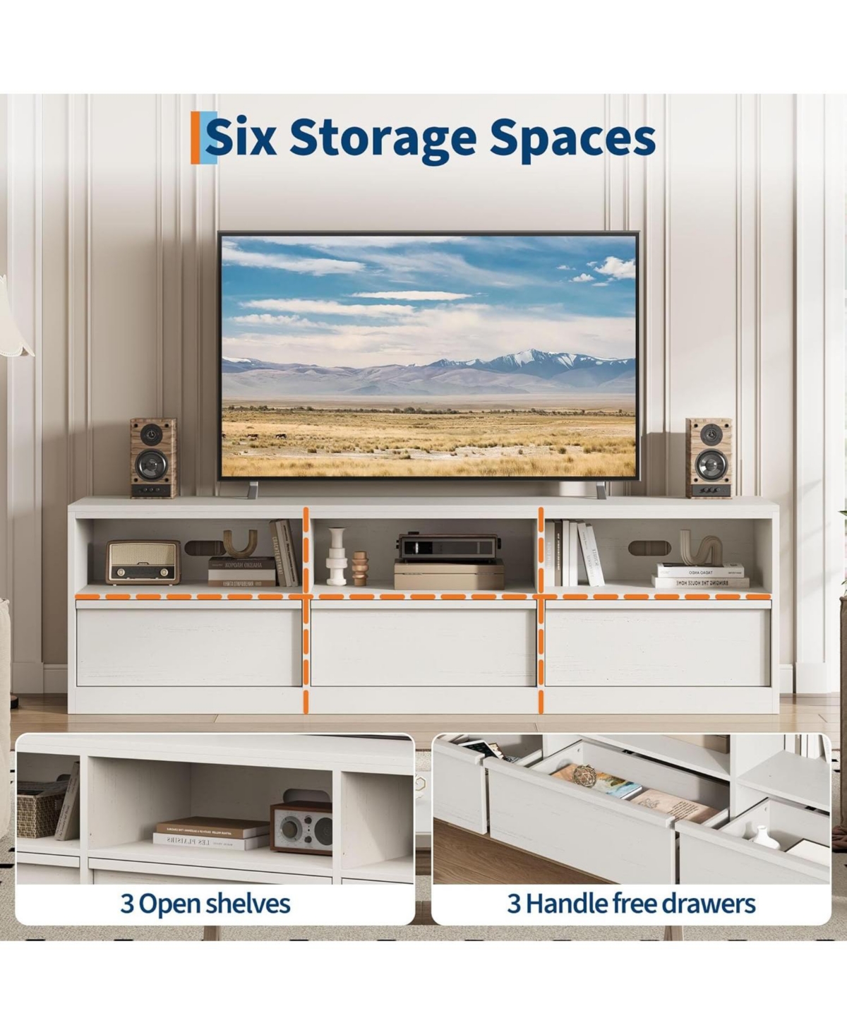 gaomon 70" Tv Stand for TVs up to 85", Mid Century Modern Entertainment Center with Drawer, Open Shelves & Cable Management