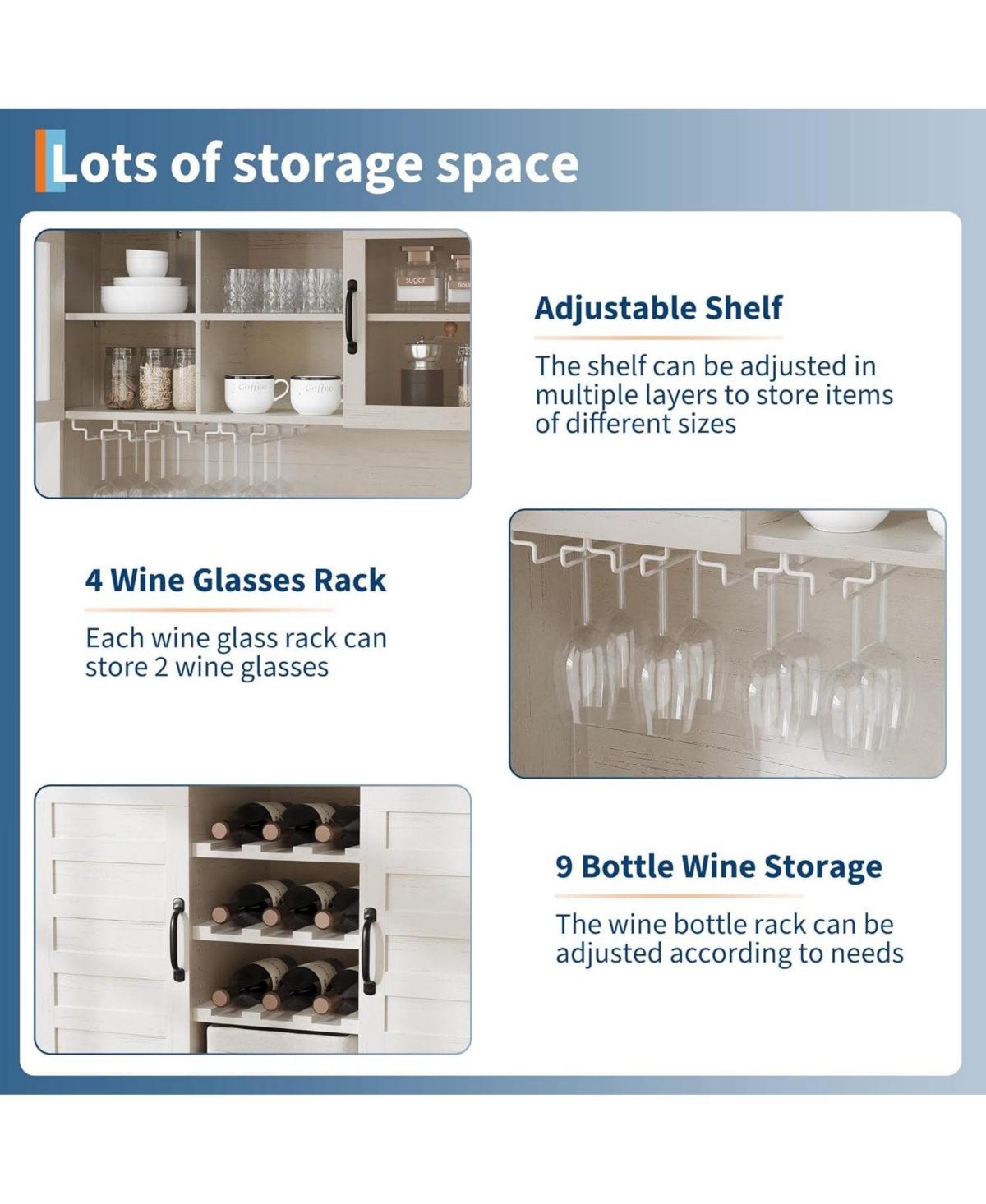 gaomon 72" Farmhouse Coffee Bar Cabinet with 4 Doors, 2 Drawers, Wine Rack & Glass Holder, Kitchen Storage Buffet