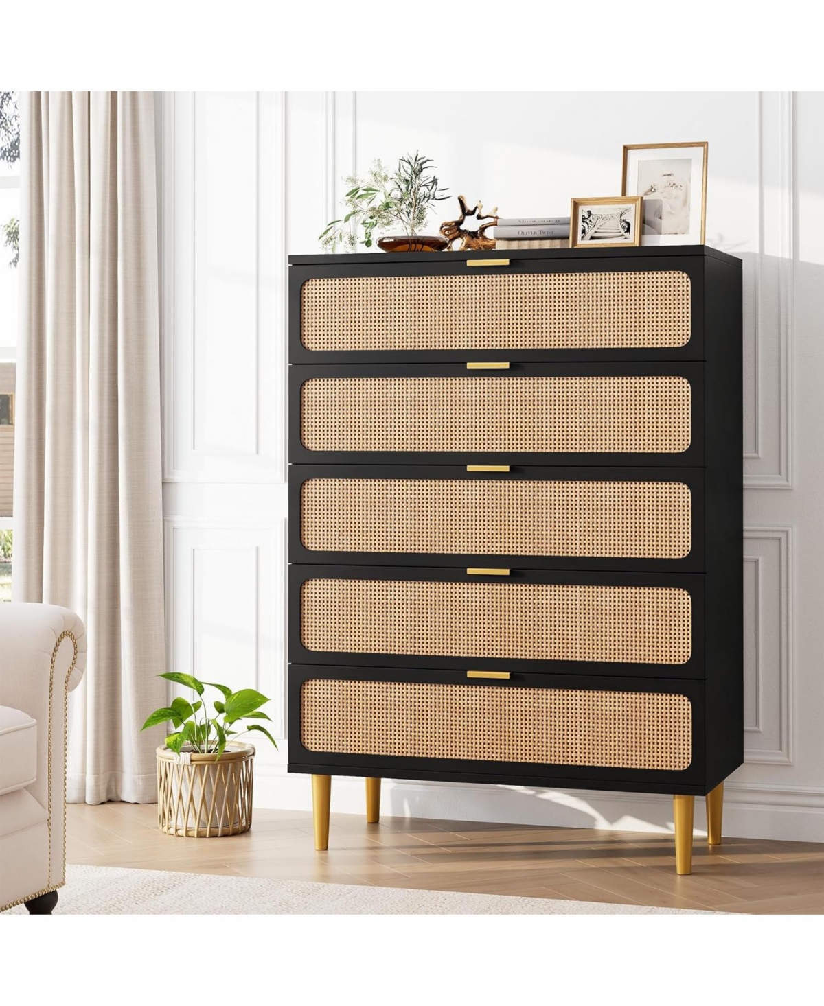 Gaomon Rattan 5-Drawer Tall Dresser, Large Storage Chest with Deep Drawers and Wide Top for Bedroom, Closet or Hallway