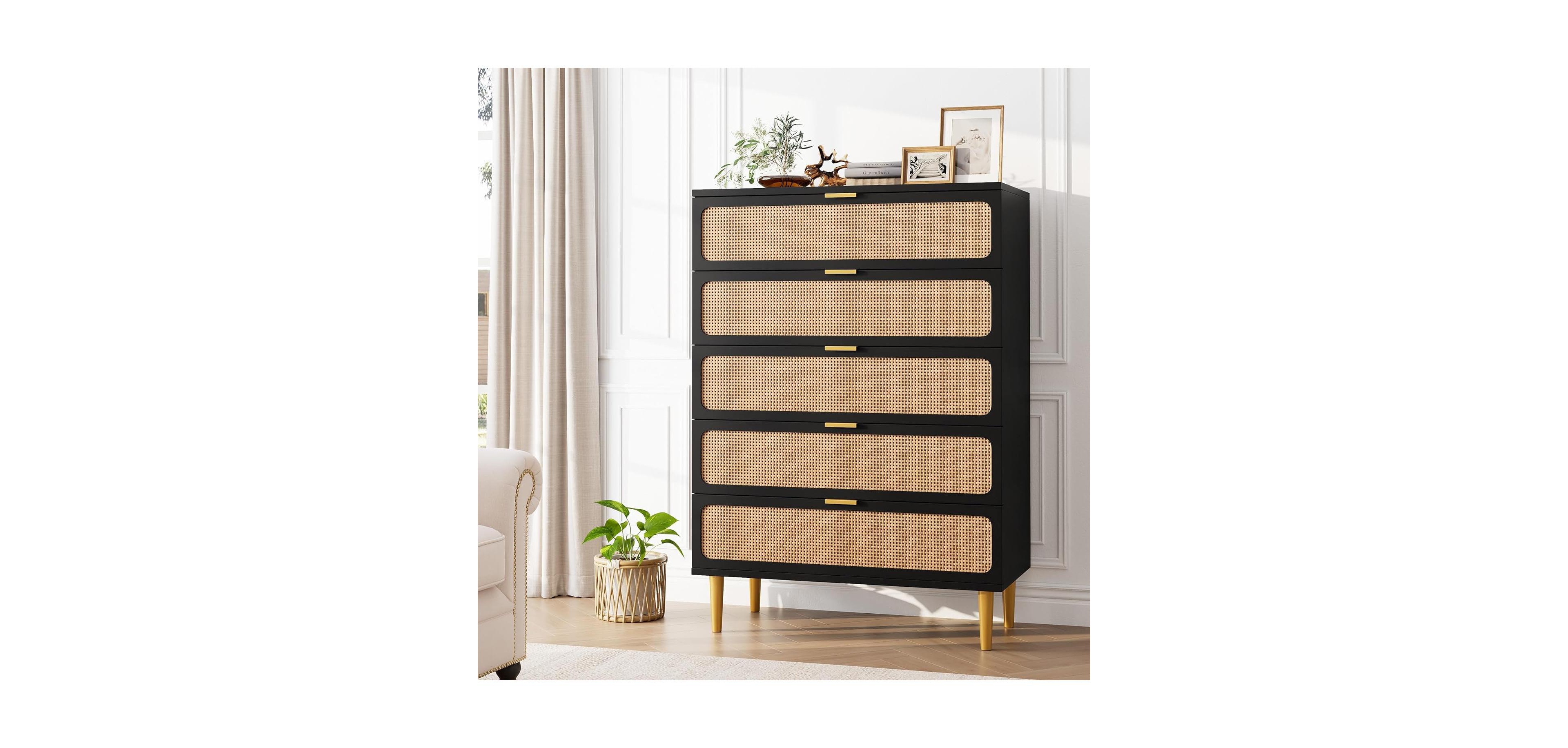 Gaomon Rattan 5-Drawer Tall Dresser, Large Storage Chest with Deep Drawers and Wide Top for Bedroom, Closet or Hallway