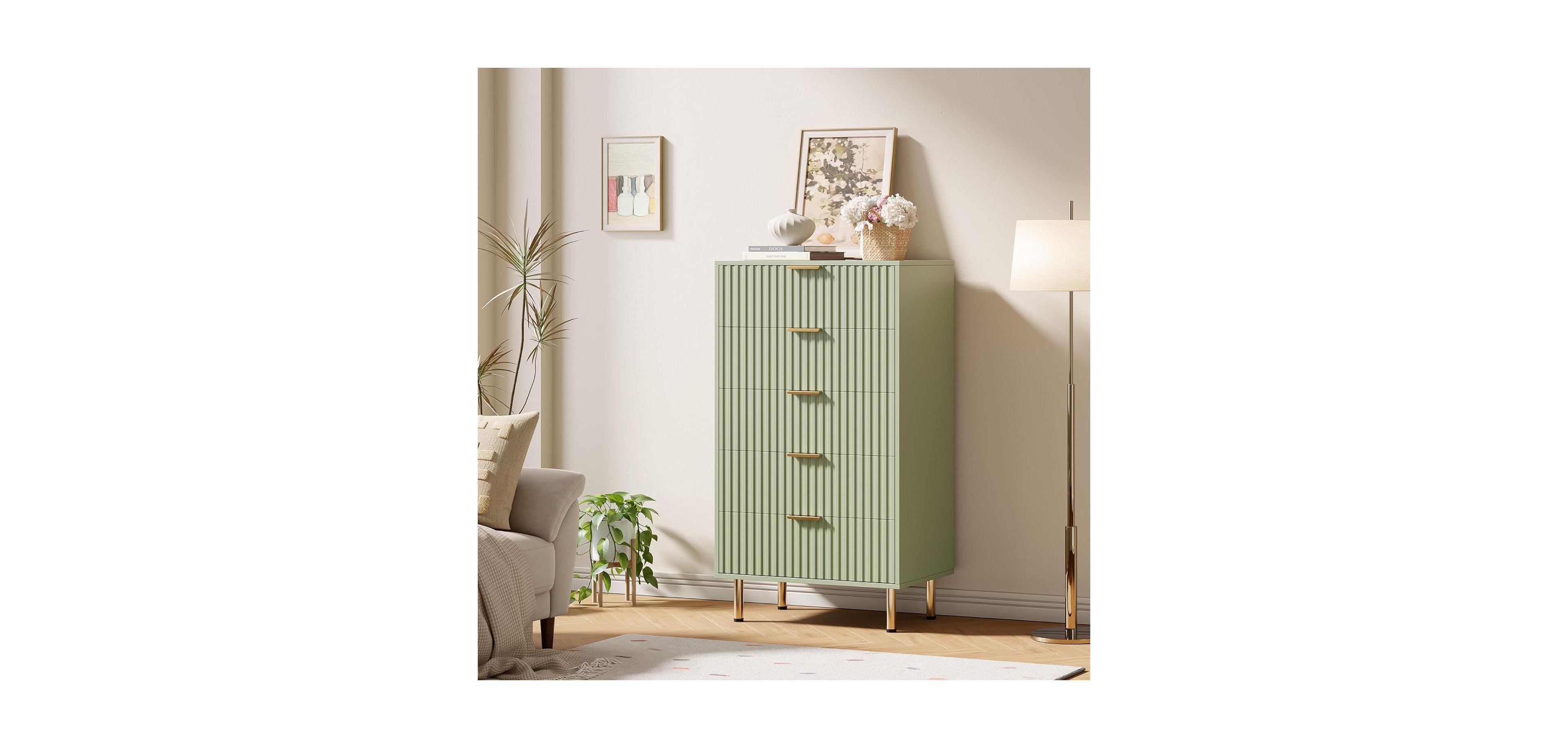 gaomon Fluted 5 Drawer Storage Dresser, Tall Chest with Deep Drawers and Wide Top, Wooden Organizer for Living Room or Kids