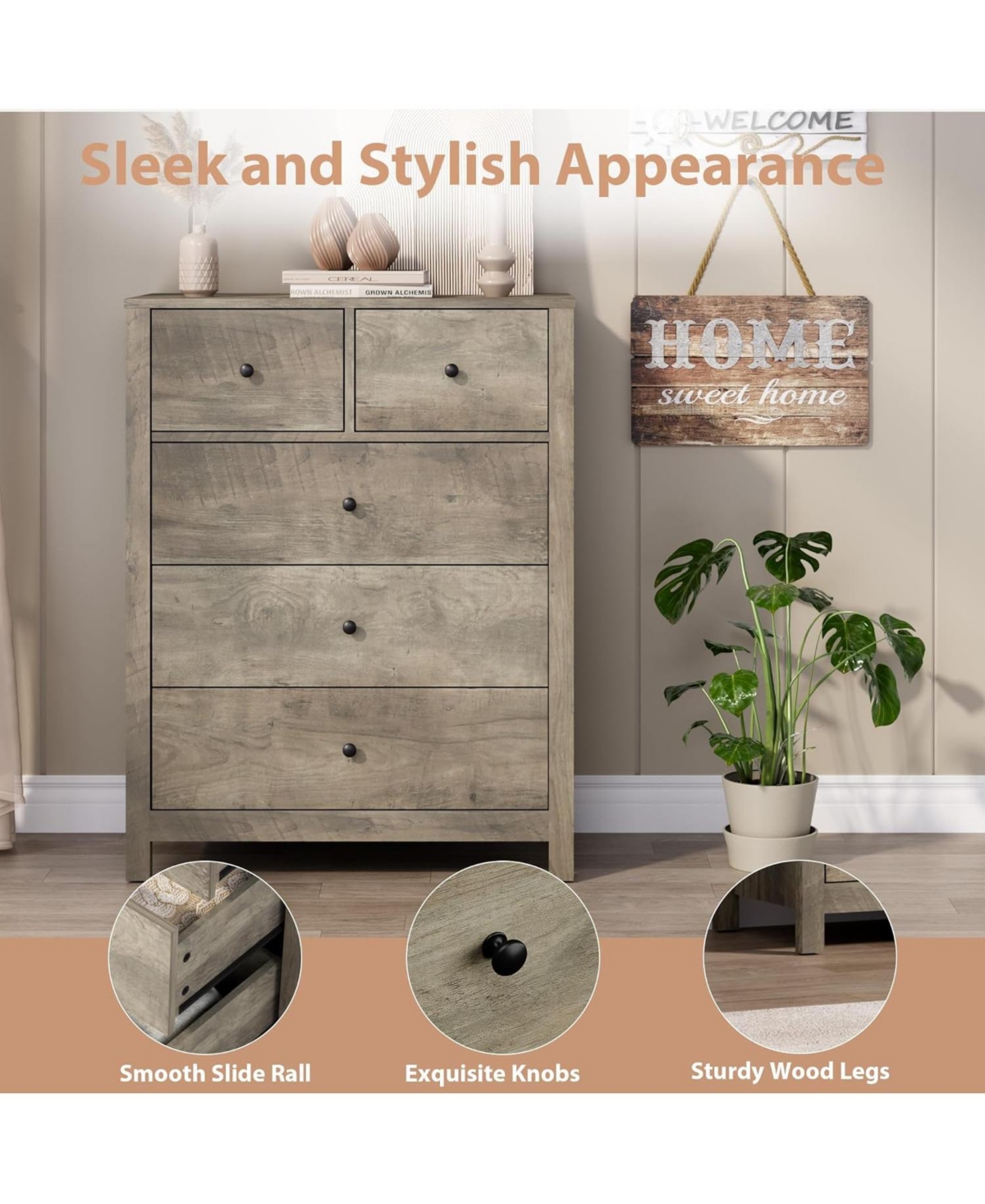 gaomon 5 Drawer Dresser for Bedroom, Tall Black Chest with Deep Drawers and Metal Knobs, Wooden Organizer for Hallway, Kids Room