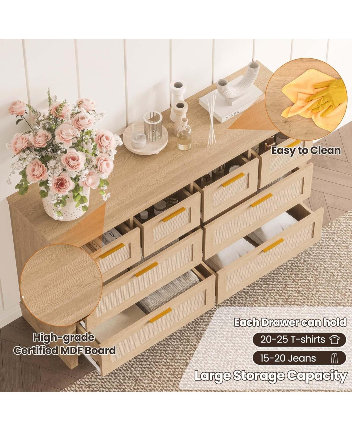 gaomon 8-Drawers Rattan Dresser for Bedroom, Wooden Dresser Chest of Drawers