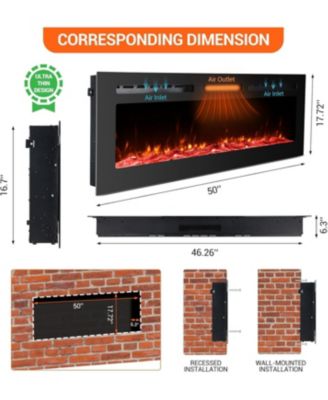 50" Wall Mounted & Recessed Electric Fireplace, Touch Screen, Remote, Custom Flame, Modern Slim Design