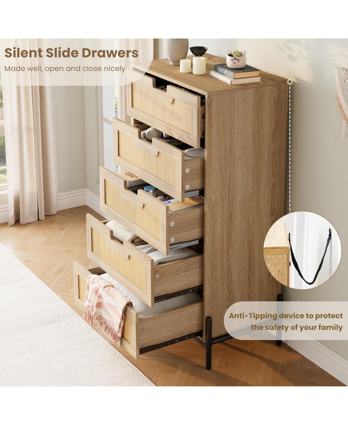 Gaomon 5-Drawer Rattan & Wood Farmhouse Cabinet with Metal Legs – Modern Dresser
