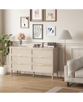 6-Drawer Oak Finish Natural Rattan Gold Metal Handles Farmhouse Style, Ample Storage, Durable Construction, Anti-Tip Safety Dresser