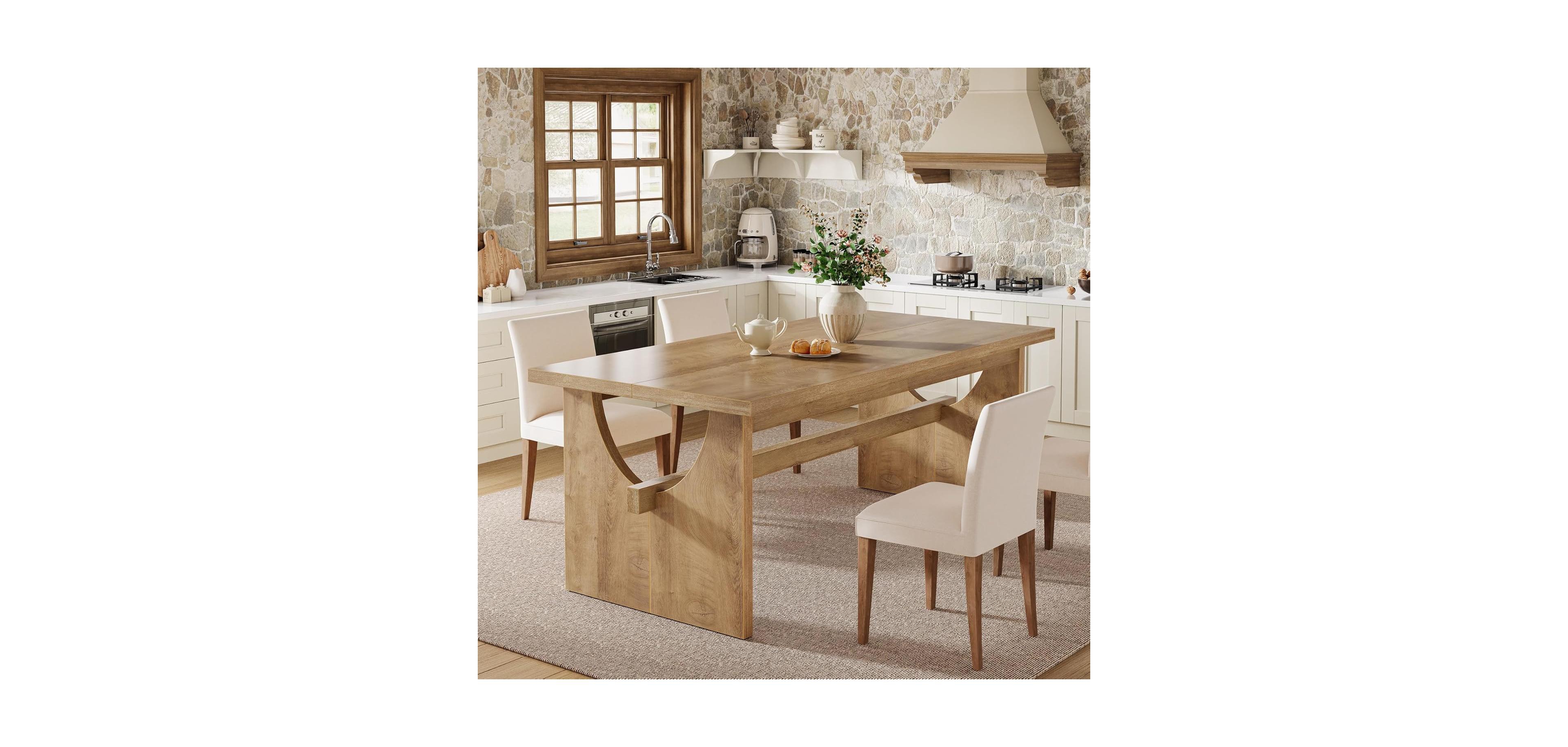 Tribesigns Farmhouse Dining Table for 4-6 People, 63" Large Rectangular Kitchen Dining Room Table with Heavy Duty Double Base, Rustic Brown