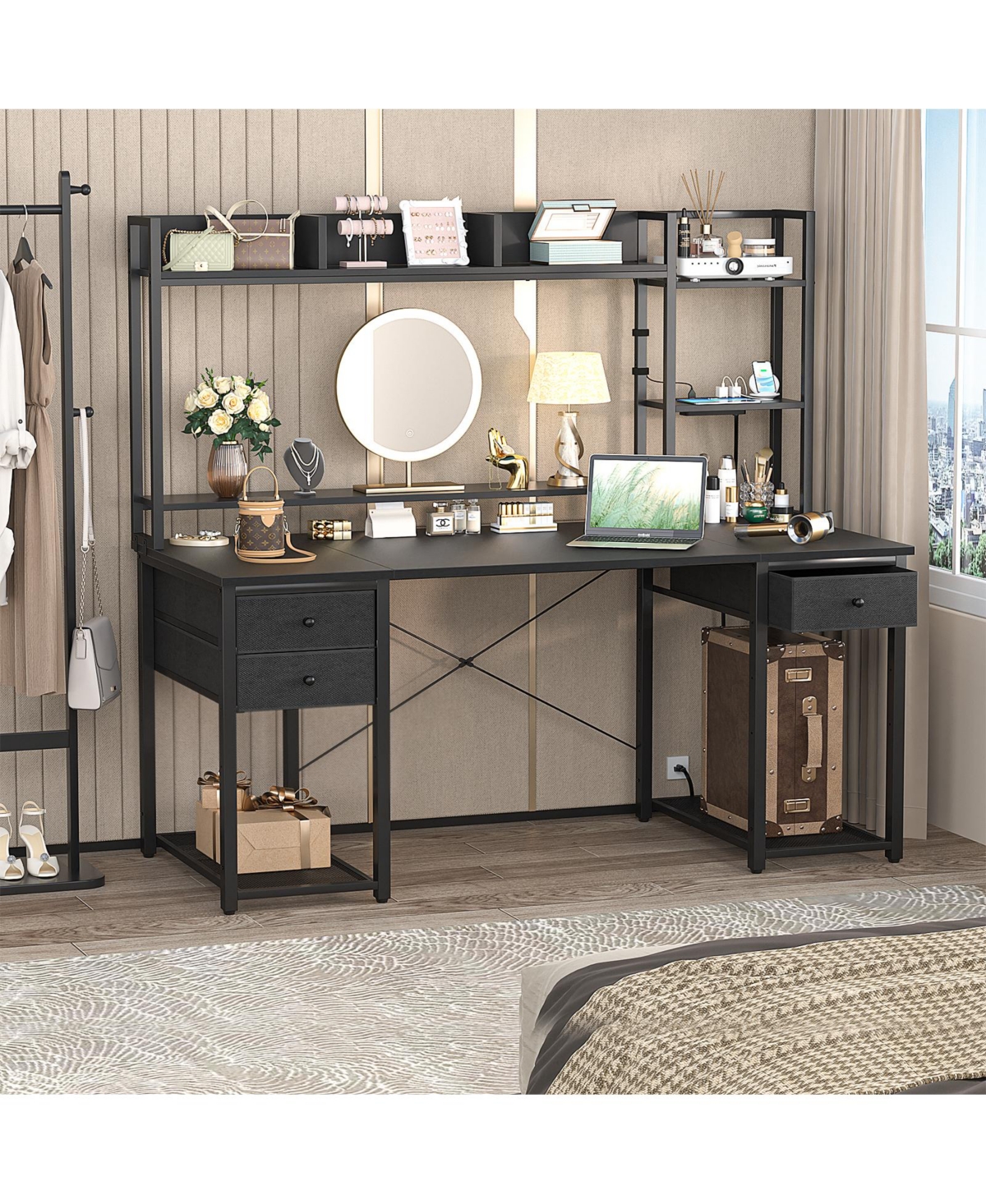 Aheaplus 47-55 inch Computer Desk with with 3 Drawers Storage Shelves