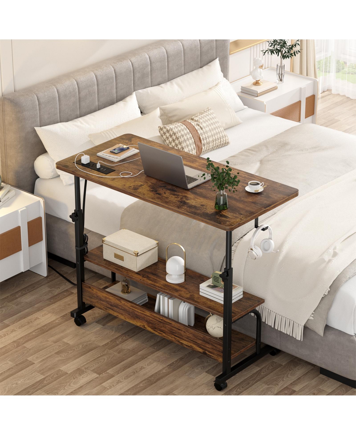 Aheaplus Small Height Adjustable Standing Desk with Power Outlets and Shelves, Max Height 41 Inches