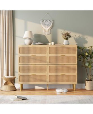 Rattan 8-Drawer Dresser, Tall Wood Chest with Wide Top, Large Storage Cabinet for Bedroom, Living Room, Hallway