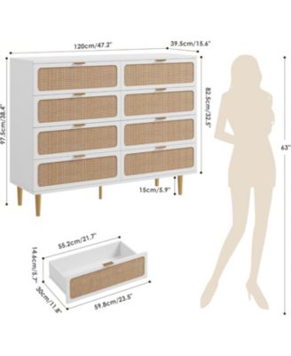 Rattan 8-Drawer Dresser, Tall Wood Chest with Wide Top, Large Storage Cabinet for Bedroom, Living Room, Hallway