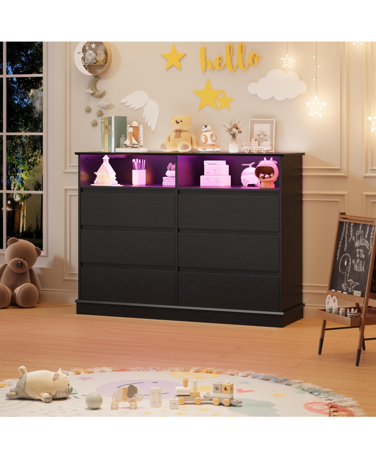 Gaomon Dresser for Bedroom with 6 Drawers, Modern Chest Featuring Led Lights and Charging Station, Spacious Storage Cabinet