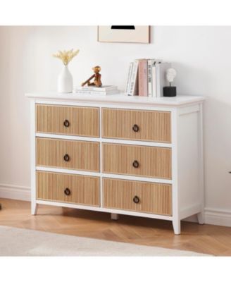 6-Drawer Modern Dresser with Fluted Panel Design, Wide Chest with Deep Storage Drawers and TV Stand Function, Ideal for Bedroom, Natural White