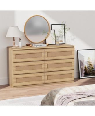 Rattan 6-Drawer Bedroom Dresser, Wide Wood Chest with Smooth Slide Rails and Anti-Tip Kit