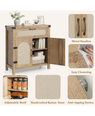 Rattan Sideboard Buffet Cabinet with Drawer, Farmhouse Kitchen Accent Storage, Boho Wooden Coffee Bar Console