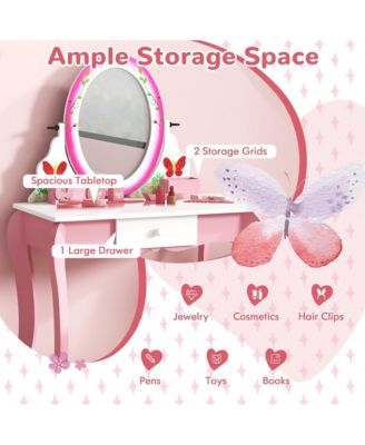 Kids Vanity Table Stool Set Pretend Play Makeup Desk with Whiteboard Markers