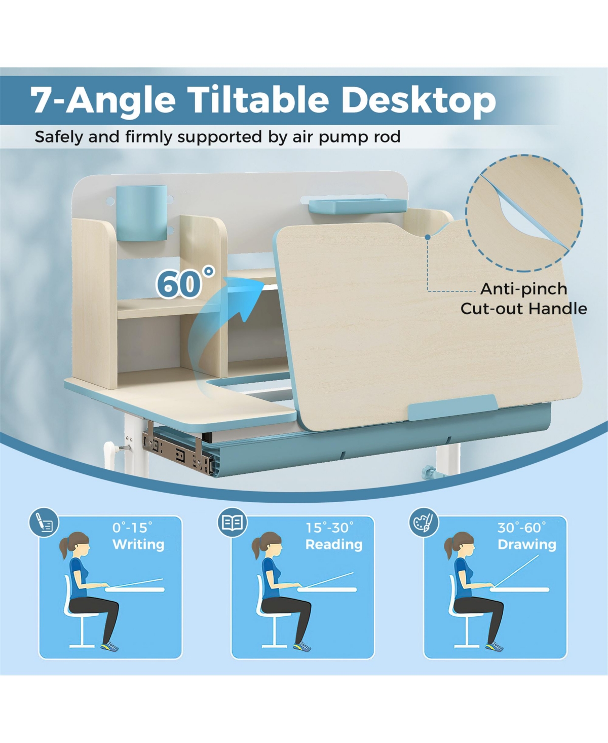 Gymax Kids Multifunctional Study Table Desk w/ Tiltable Desktop Book Stand