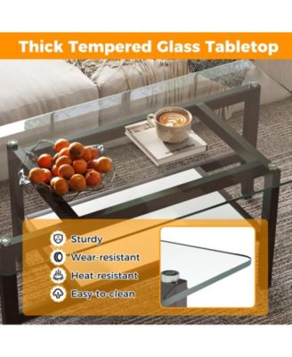 2-Tier Glass Coffee Table w/ Storage Shelf Solid Rubber Wood Legs for Office