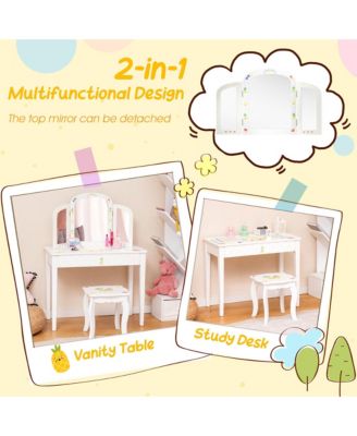 Kids Vanity Table Set Tri-Folding Mirror Pretend Play Dressing Large Drawer