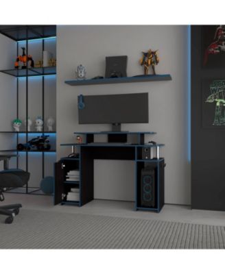 Blue Accent Gaming Desk with Elevated Monitor Shelf and Storage Compartments