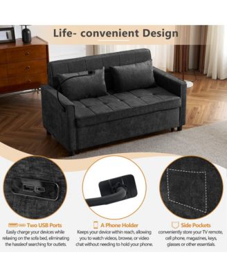56.9" Loveseat Sofa Bed, Pull-Out Sleeper, Linen, Reversible Backrest, Side Pockets, USB Ports, Phone Holder