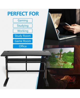 Pneumatic Height Adjustable Gaming Desk T Shaped Game Station w/Power Strip Tray