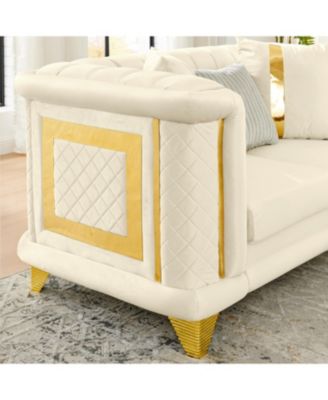 69" Velvet Loveseat Sofa, Gold Trim, Tufted, Pillows, Beige