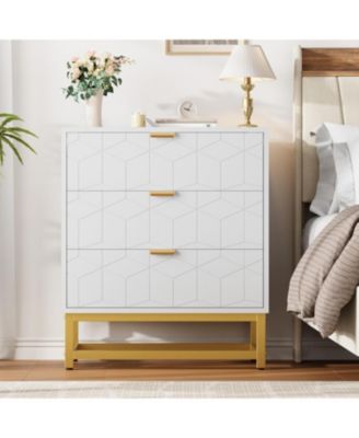 3-Drawer Wood Dresser with Gold Metal Legs & Handles