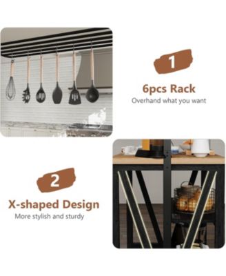 Wooden Kitchen Island with Power Outlet & LED Lights, 47" Kitchen Island Table with Storage, 3-Tier Bakers Rack, Coffee Bar Table with Hooks