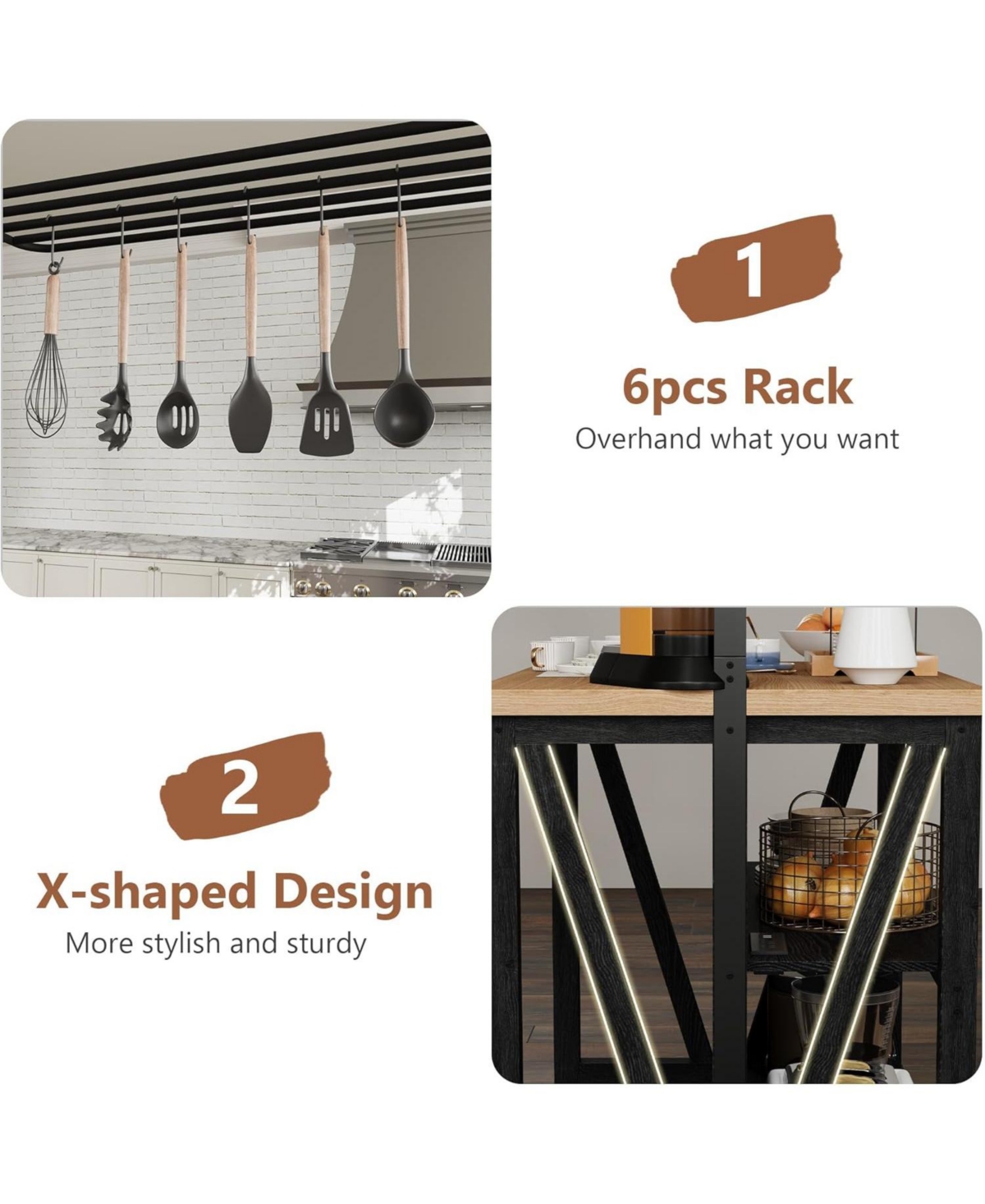 Gaomon Wooden Kitchen Island with Power Outlet & Led Lights, 47" Kitchen Island Table with Storage, 3-Tier Bakers Rack, Coffee Bar Table with Hoo