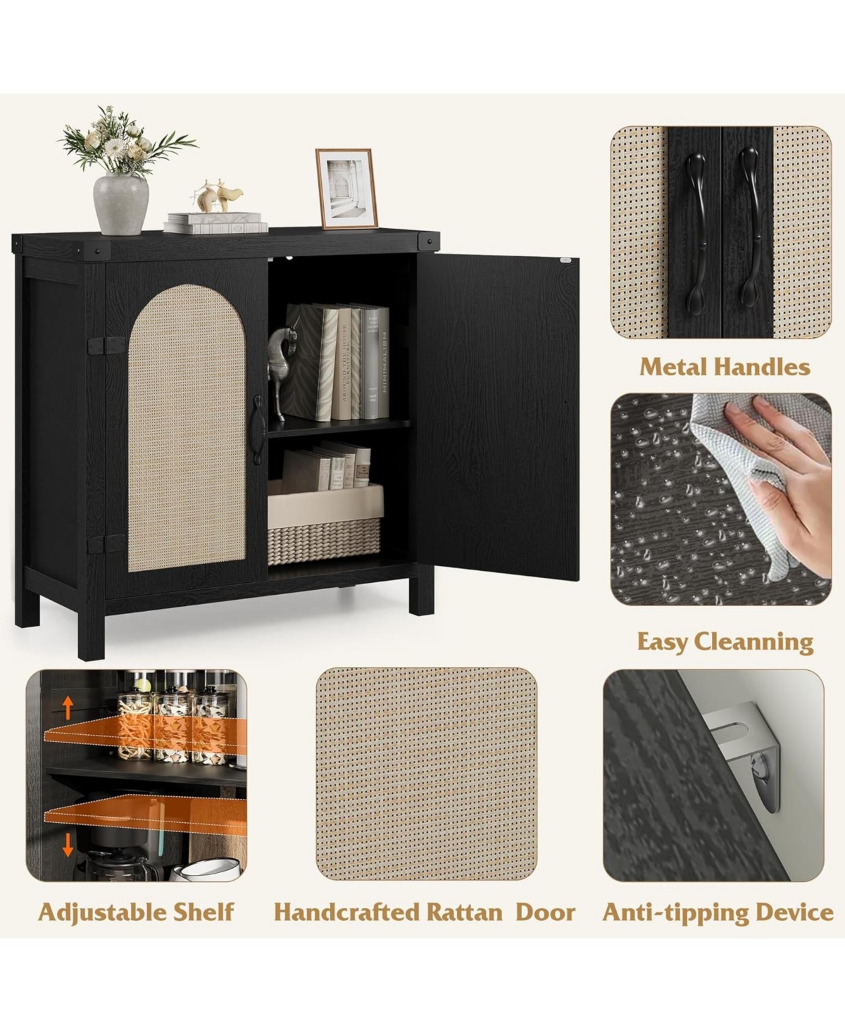 Gaomon 31.5" Small Rattan Buffet Cabinet with Storage, Coffee Bar Sideboard Adjustable Shelves & Doors, Boho Farmhouse