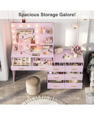 61" Vanity Desk with Mirror and Lights, 8 Drawers & 2 Shelves, 3 Lighting Modes, Makeup Vanity with Adjustable Brightness for Bedroom