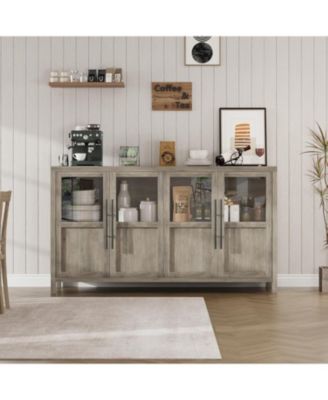 55" Sideboard Buffet Cabinet with 4 Glass Doors, Display Coffee Bar & Wine Storage, Modern Farmhouse Credenza for Dining Room, Kitchen, Living Room