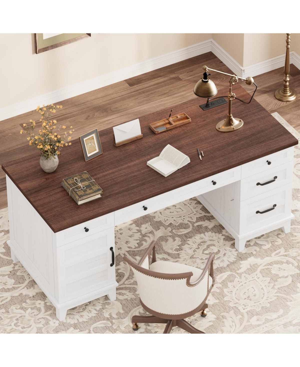 Gaomon 60" Farmhouse Executive Desk with File Drawers, Charging Station, Cabinet Storage, Home Office Computer Writing Desk