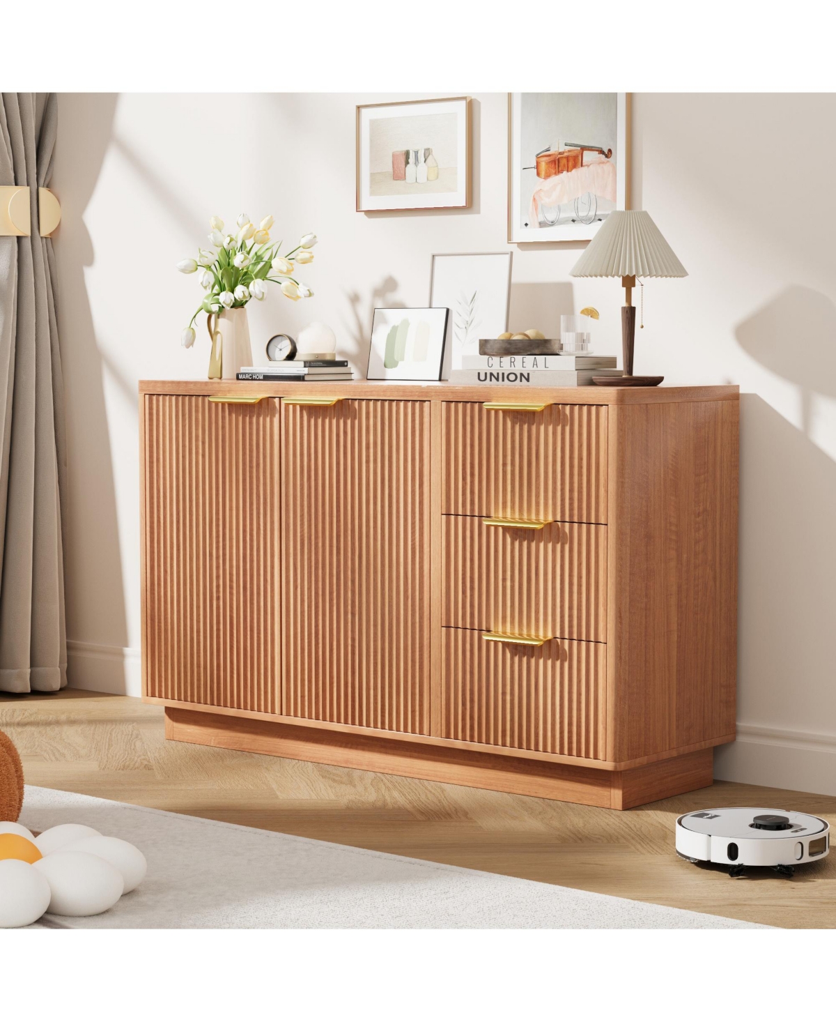 47 in Modern Sideboard Buffet Cabinet with 3 Drawers and 2 Door Storage Wood Buffet Table