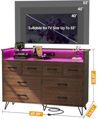 Wood Dresser with Power Outlet and LED Lights, 8 Drawer Dresser for Bedroom