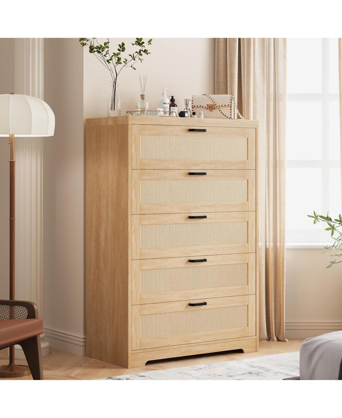 Gaomon Tall Rattan Dresser 5 Drawer Chest Modern Wooden Storage Cabinet with Wide Top for Bedroom Living Room Hallway Entryway