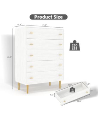 Farmhouse 5 Drawer Dresser, 44" Tall White Wood Chest with Bar Handles and Rustic Texture for Bedroom, Living Room, Entryway