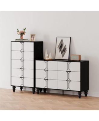 5-Drawer Wooden Oak & Gold Modern Tall Dresser with Deep Storage